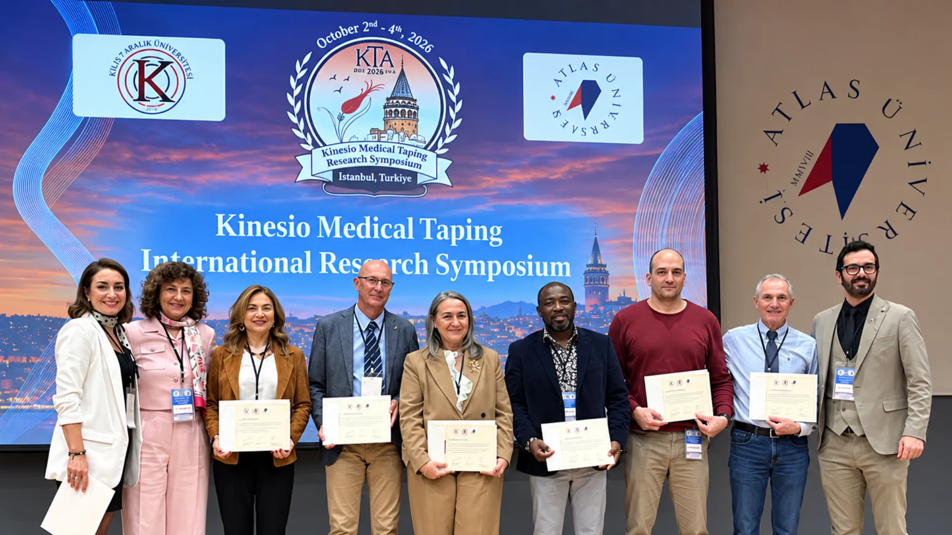 Un grupo de ocho ponentes e investigadores de pie sobre un escenario sosteniendo sus diplomas en el "Kinesio Medical Taping International Research Symposium".